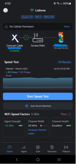 Speed Screen in WiFiman. Note the network name: "Liahona" and the channel number below it.