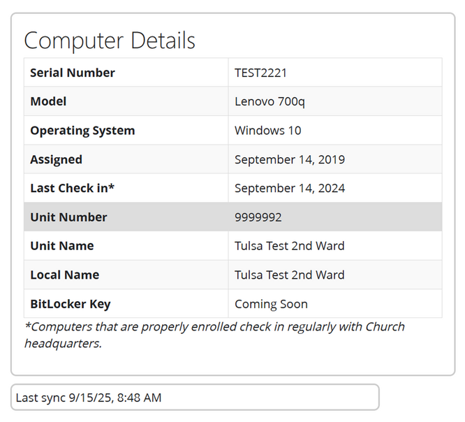 In addition to the details from the previous page, this section will include the BitLocker key if the computer has full disk encryption.
